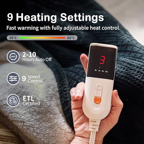 Texciting Heated Blanket Electric Blanket Throw 50''X60''-Heating Blanket with 9 Heat Settings-2-10 Hours Auto Off,ETL Cer...