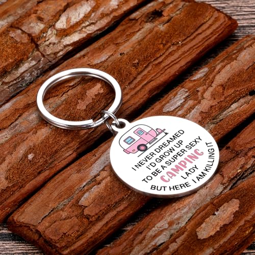Funny Camping Keychain for Women Super Sexy Camping Lady RV Gifts Happy Camper Gift Cool Camper Accessories for Her RV Ess...