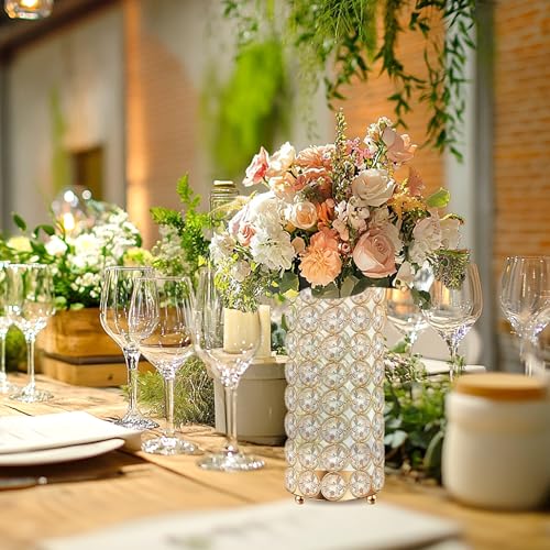 8 Pcs Gold Crystal Flower Vase and Pillar Candle Holder Set, 7.87" Metal Cylinder Stand for Wedding Table Centerpieces, Fl...