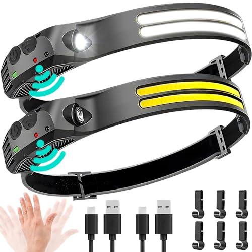 Beccason 2PCS LED Headlamp Rechargeable - 230° COB Super Bright Head Lights for Forehead, Hard hat Light for Adults, USB C...