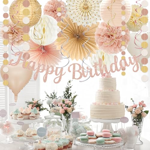 Champagne-Gold Beige Birthday Decorations for Women Girls,Cream Neutral Balloons Décor,Happy Banner,Boho Peach Paper Lante...