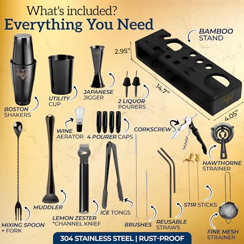 Elite Mixology Bartender Kit 20-Piece Boston Cocktail Shaker Set for Mixing with Stand- Indestructible Bar Accessories Bar...