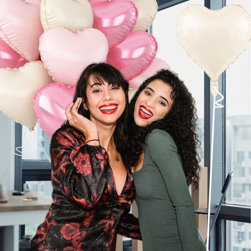 Wuhetyo Pink Heart Balloons,18inch Bright Pink Heart Shaped Foil Balloons & Pastel White Helium Mylar Balloon for Annivers...
