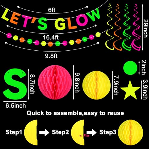 Neon Party Supplies includes Let's Glow Banner Star Hanging Swirls Circle Dot Garland Glow in The Dark Party Hanging Decor...
