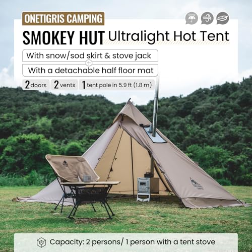OneTigris Smokey HUT Hot Tent with Stove Jack, Ultralight 4 Season Tipi Tent with Snow Skirt & Detachable Floor for Campin...