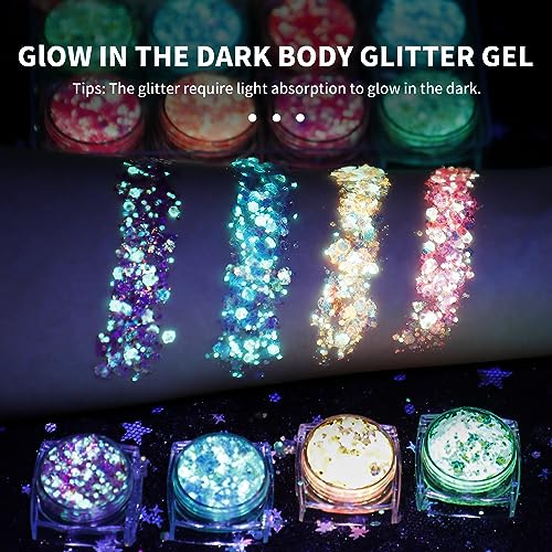 Glow in The Dark Body Face Glitter Gel for Women, 12 Colors Glitter Gel Makeup Chunky Fine Glitter, UV Black Light Accesso...