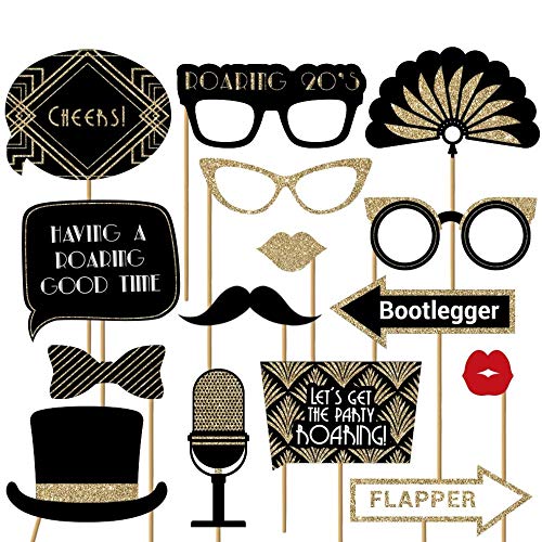 Fully Assembled Roaring 20s Photo Booth Props - Set of 30 - Black & Gold Glitter Selfie Signs - Great Gatsby Themed Party ...