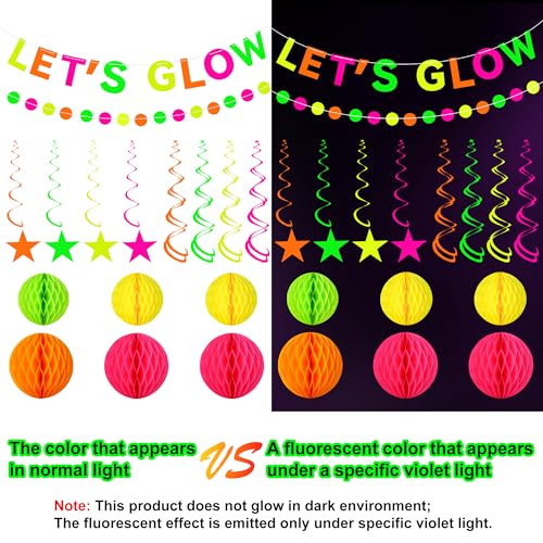 Neon Party Supplies includes Let's Glow Banner Star Hanging Swirls Circle Dot Garland Glow in The Dark Party Hanging Decor...