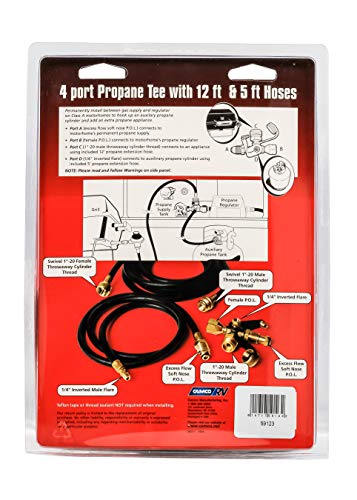 Camco Propane Brass 4 Port Tee- Comes with 5ft and 12ft Hoses, Allows for Connection Between Auxiliary Propane Cylinder an...