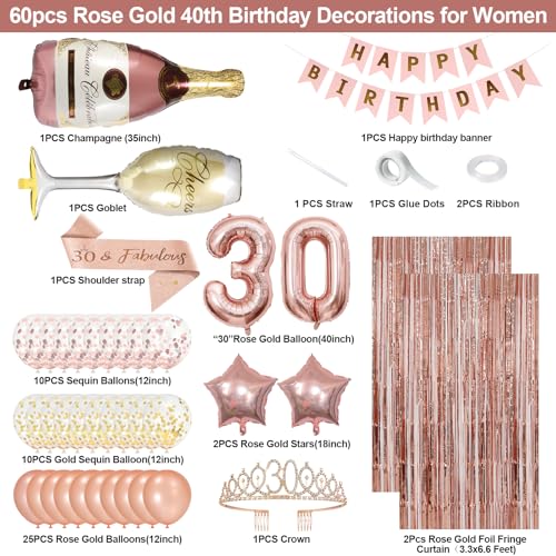 30th Birthday Decorations for Her,Happy 30th Birthday Banner,Backdrop,Crown, Sash,Goblet Balloons, Champagne and Star Ball...