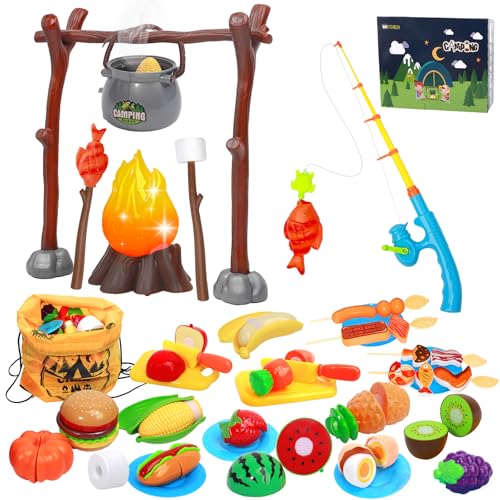Kids Camping Toys, Mitcien Camping Set Include Pretend Campfire Play Food Fruits & Vegetables Hamburger Magnetic Fishing T...