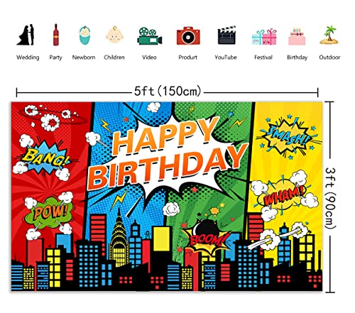 Generic Superhero Photo Backdrop (5x3FT, Colourful Vinyl) - Superhero Theme Birthday Party Backdrop for Boys Cake Table De...