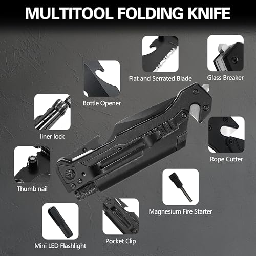 7-in-1 Tactical Survival Knife - Glass Breaker, Seatbelt Cutter, Serrated Steel Blade, Firestarter, LED Flashlight, Bottle...