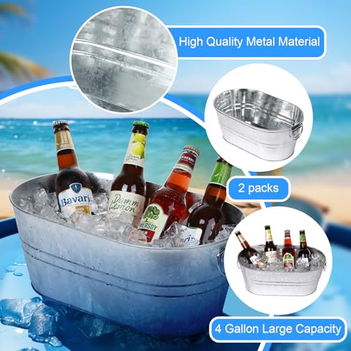 Galvanized Tub Beverage Tubs, 2pcs Metal Ice Buckets for Cocktail Bar 3 Gallon Wine Beer Drink Buckets with Handles Large ...