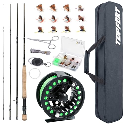 TOPFORT Fly Fishing Rod and Reel Combo Starter Kit, 4 Piece Lightweight Ultra-Portable Graphite Fly Rod Complete Starter P...
