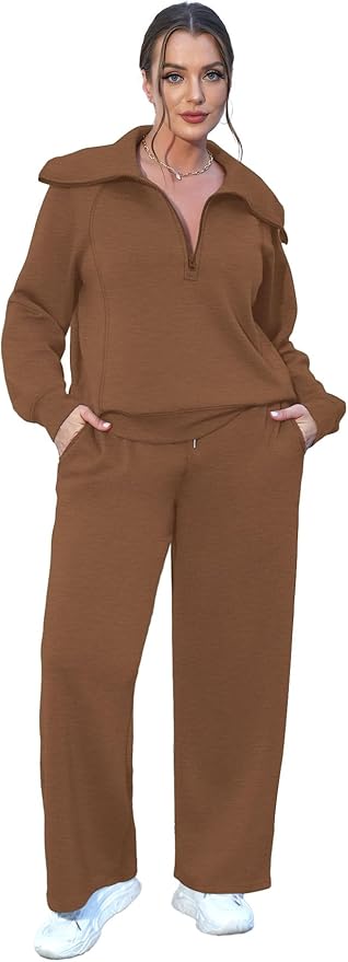 XIEERDUO Lounge Sets For Women 2025 Half Zip Sweatshirt And Wide Leg Sweatpant 2 Piece Outfits Sweatsuit Tracksuit