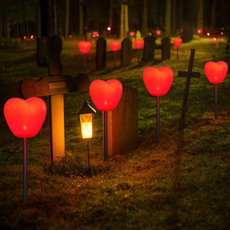 Abkshine Set of 6 Solar Red Heart Stake Lights for Valentines Day Decor, Outdoor Waterproof Heart Shaped Light for Garden Pathway Flowerbed Cemetery Grave Porch Walkway Valentine's Theme Decorations
