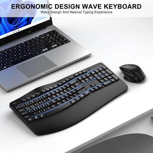 Wireless Keyboard and Mouse Combo, 2.4G Full Size Wave Keys Ergonomic Keyboard with Wrist Rest and 3-Level DPI Adjustable ...