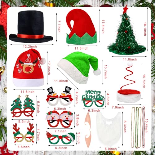 21 Pcs Funny Christmas Party Photo Booth Props Kit - Includes 6 Christmas Hats, 6 Xmas Glasses, 6 Festive Necklaces, White...
