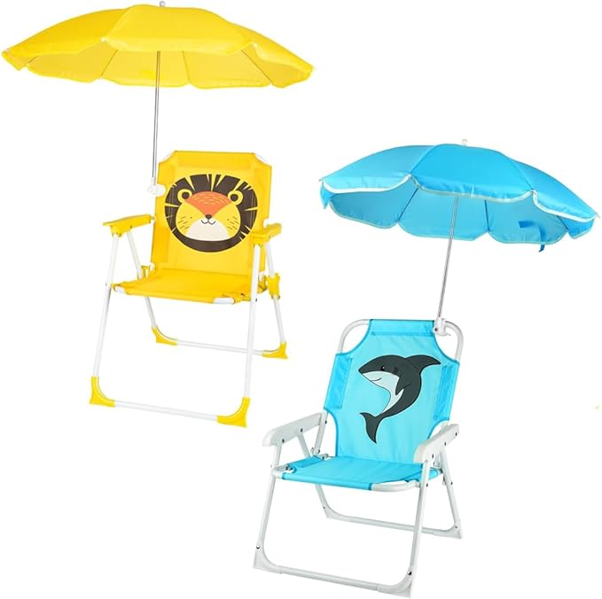 PLULON 2 Pcs Kids Beach Chair with Umbrella Folding Lawn and Camping Chair with Summer Shade for Beach Pool Travel Outdoo...