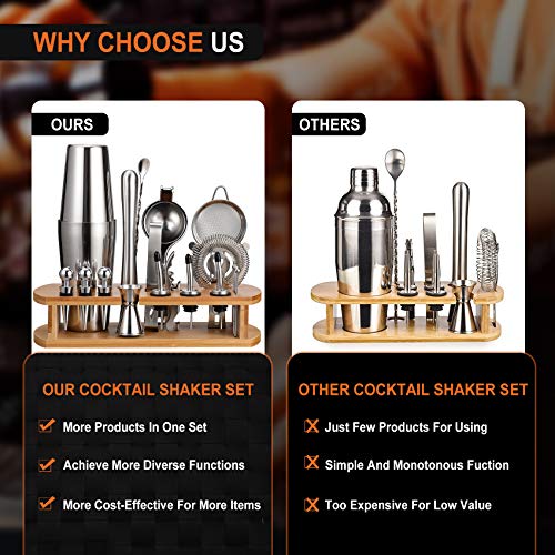 24-Piece Cocktail Shaker Bartender Kit with Stand, Boston Shaker, Mixing Spoon, Muddler, Measuring Jigger, Lemon Squeez, T...