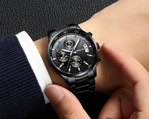 CRRJU Men's Black Watch Fashion Business Chronograph Quartz Wristwatches,Luxury Stainsteel Steel Band 3ATM Waterproof Watch for Men