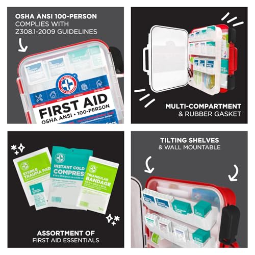 Be Smart Get Prepared First Aid Kit Hard Red Case 326 Pieces Exceeds OSHA and ANSI Guidelines 100 People - Office, Home, C...