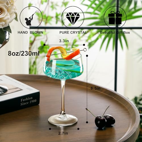 Amyoole Martini Glasses Set of 6, 8 oz Premium Crystal Coupe Glasses, Hand Blown Champagne Drinkware with 6 Cocktail Pick...