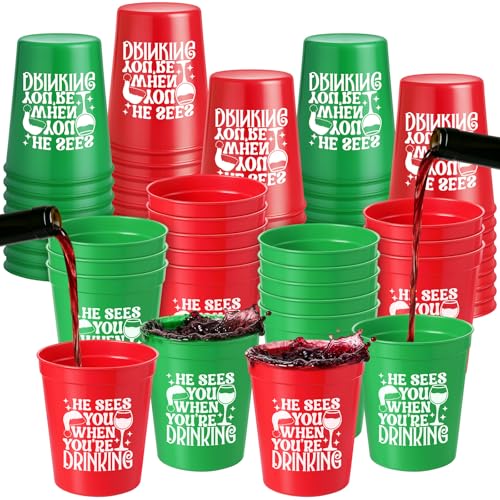 48 Pack Christmas Plastic Cups Bulk 16 oz Red and Green Reusable Stadium Cups He Sees You When You're Drinking Bar Winegla...
