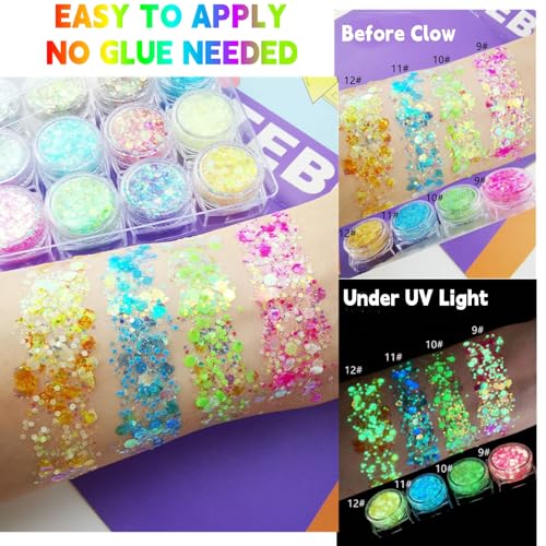 Glow in The Dark Glitter Gel with UV Neon Liquid Eyeliner Pen Set, Face Painting Makeup Kit, Christmas Mardi Gras Valentin...