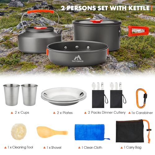 THTYBROS 17pcs Camping Cookware Kit, 0.45Gal Pot, 7inches Pan,0.30Gal Kettle Set with 2 Set Stainless Steel Cups Plates Fo...