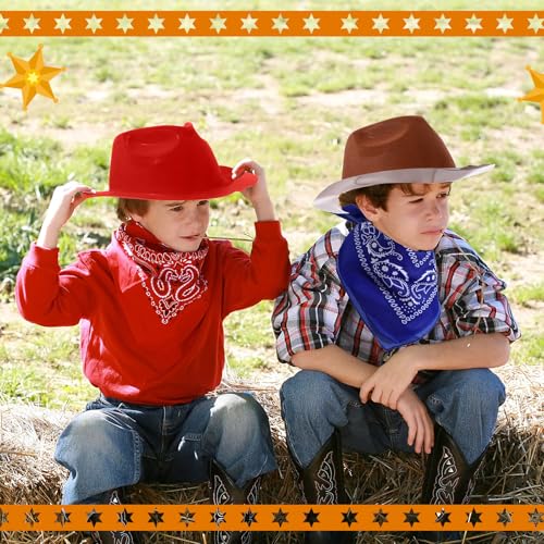 Haysandy 24 Pieces Western Cowboy Hat Set, Felt Cowboy Themed Party Hats with Paisley Bandanas for Kids Costume Party (Re...