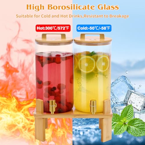 1.5 Gallon Glass Drink Dispensers for Parties, 2 PCS Beverage Dispenser With Wood Stand,Vertical Stripes Glass Lemonade Di...