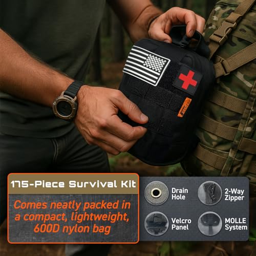 GunZee 175-Piece Survival Kit, First Aid Kit for Emergency and Outdoor Adventures, IFAK, Fishing Gear, MOLLE-Compatible Ba...