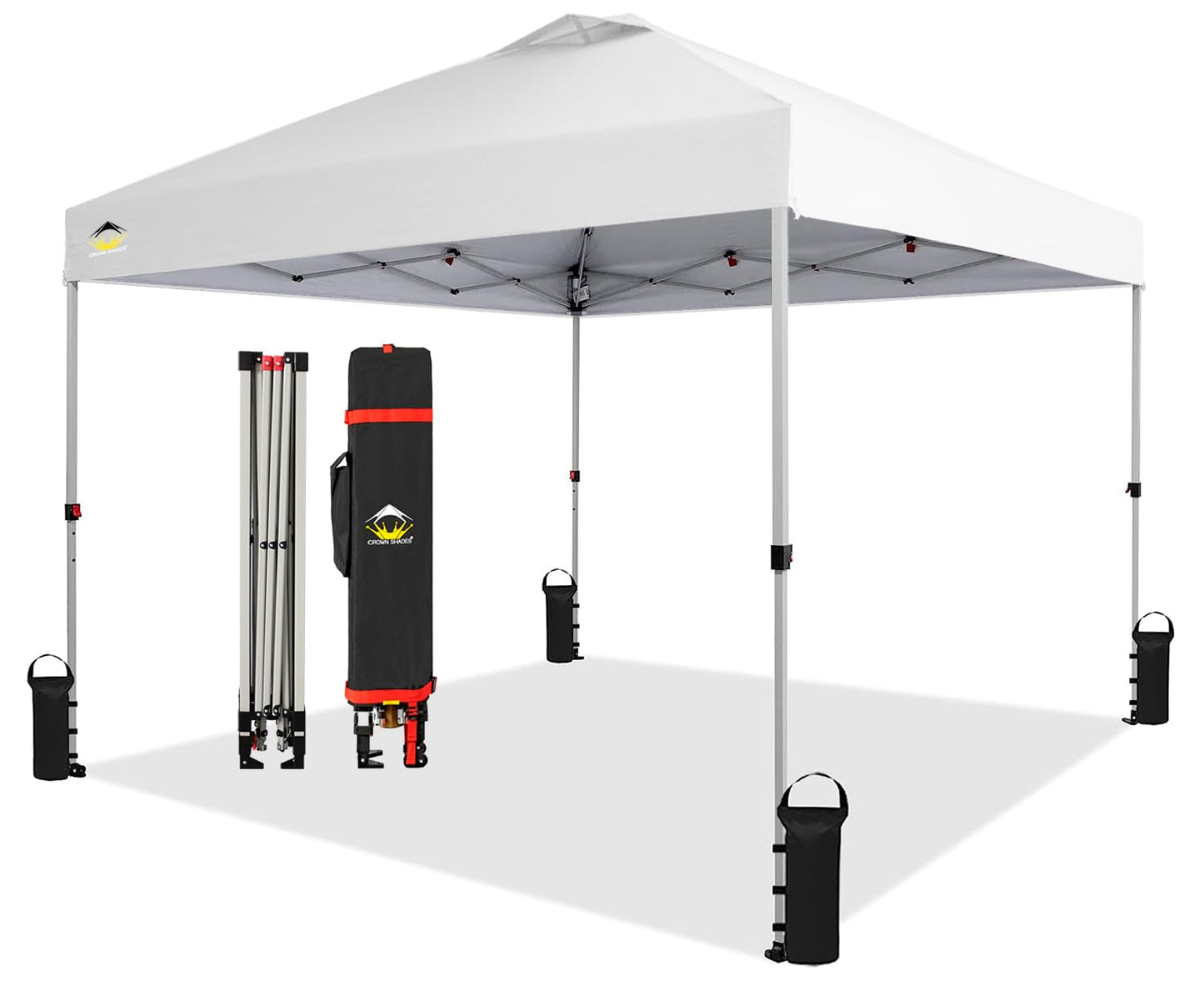 CROWN SHADES 10x10 Pop Up Canopy - Beach Tent with One Push Setup - Easy Outdoor Sun Shade for Events, Parties, Camping - Gazebo with STO-N-Go Cover Bag, Silver Coated Top, Grid White