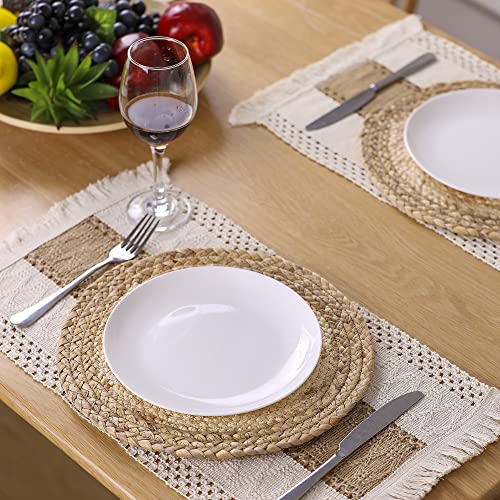 Zology Handmade Boho Placemats Set of 6 - Natural Cotton Burlap and Water Straw Woven Combination Table Mats, Macrame Déco...