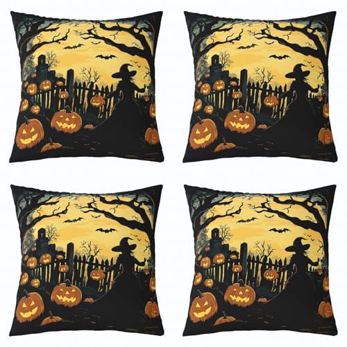 Halloween Style Pillow Covers 4 Pack Pumpkin Lantern Moon Cushion Pillow Covers for Bedroom Living Room Decor Gothic Style Pillowcases for Sofa Couch Chair,16 x 16 Inch