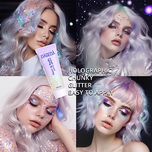 DAGEDA Body Glitter Gel, Face Glitter Body Gel Sequins Shimmer Liquid Eyeshadow, Chunky Glitter for Face Hair Nails, Holog...