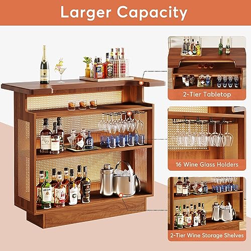 Tribesigns Rattan Home Bar Unit, Farmhouse 4-Tier Bar Table with 4 Stemware Racks and Heightened Base, Liquor Wine Bar Cab...