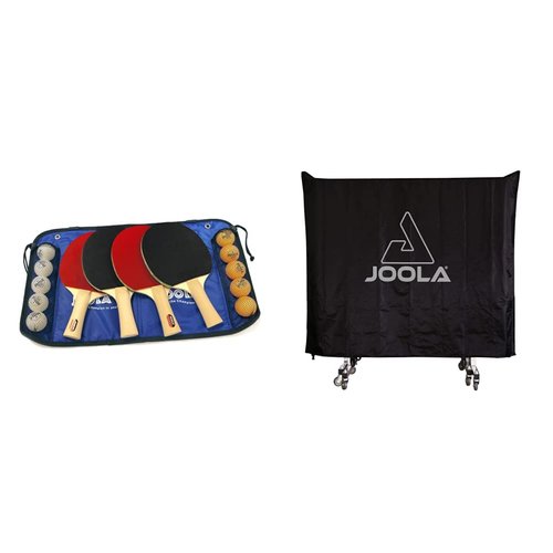 JOOLA Family Table Tennis Set - 4 Ping Pong Paddles, 10 Ping Pong Balls, and Case - Indoor and Outdoor Compatible + JOOLA Ping Pong Table Cover Fits Both Folding Tables & Flat Tables - Water Resistant