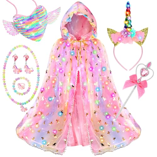 Fedio Princess Dress up for Girls,Unicorn Light up Princess Cape Set,Light up Princess Dress with Unicorn Toys for Girls ...