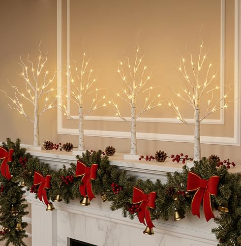 EAMBRITE Home Decorations Light Up White Birch Tree Indoor Christmas Decor, 4 Pack Battery Operated/USB Lighted Tabletop M...