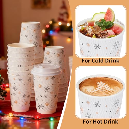Foxtell 100 Pcs 16 oz Christmas Coffee Cups with White Lids Snowflake Disposable Paper Cups Bulk Insulated Hot Cocoa Cup f...