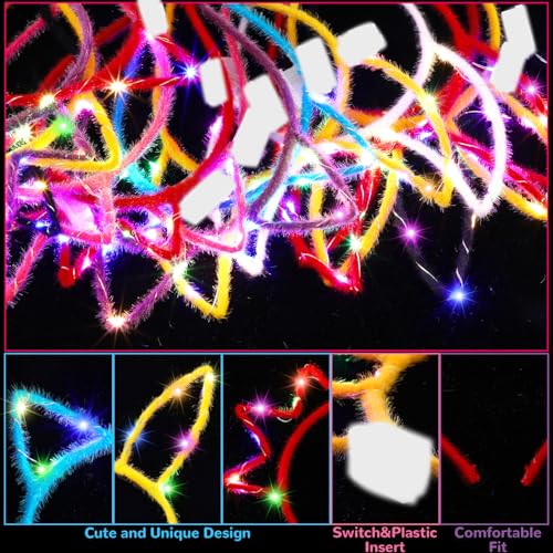 Janinka 64 Pcs Led Cat Ears Headband Bulk, Light Up Rave Hair Accessories Cute Rabbit Ear Crown, Glow in the Dark