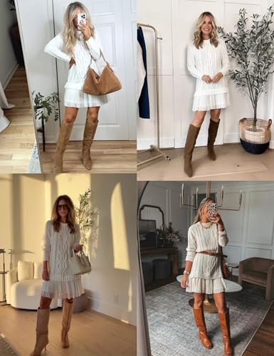 MINSURE Women Cable Knit Sweater Dress Crewneck Long Sleeve Pleated Mini Dress Twofer Style Patchwork Dress