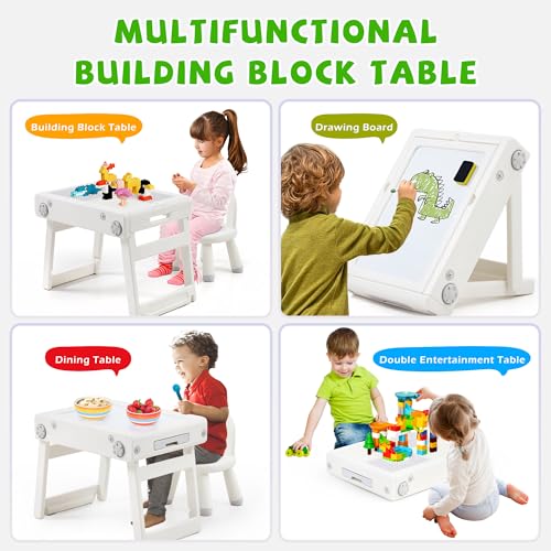 JooKiddie Toddler Table and Chair Set, Foldable Building Block Table for Kids, Double-Sided Drawing & Building Kids Activi...