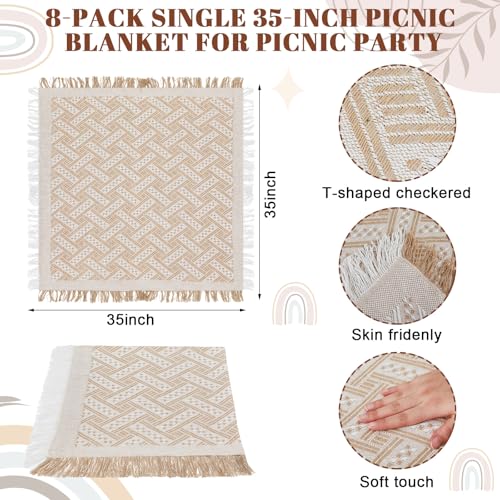 Hahafelt 8 Pcs Outdoor Picnic Blanket 35"x35" Boho Blanket Woven Cotton Yarn Portable Mat Plaid with Fringe Washable for P...