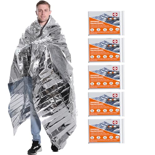 ANLOKE Emergency Blankets Mylar Thermal Blanket-(5 Pack) of Gigantic Space Blanket 82 * 64 in. Survival Blankets Heavy Dut...
