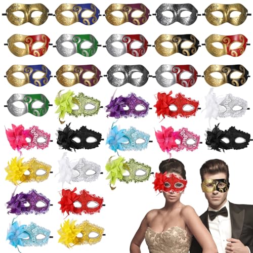 Toyosport 32 Pack Couple Masquerade Masks, Mardi Gras Mask, Christmas Masks, Elegant Feather & Rhinestone Half Face Masks ...