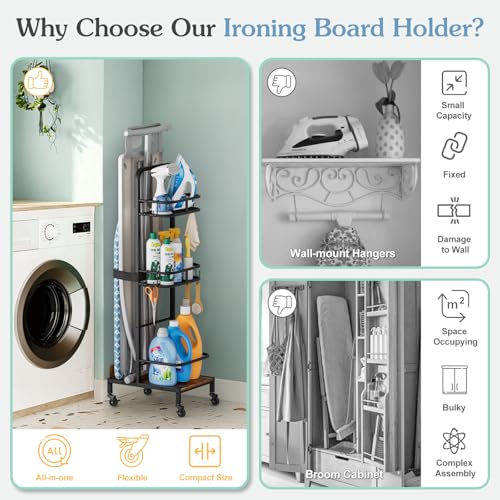 Ironing Board Hanger,Iron and Ironing Board Holder No Wall Mount,Laundry Room Organization and Storage Cart with Iron Stan...